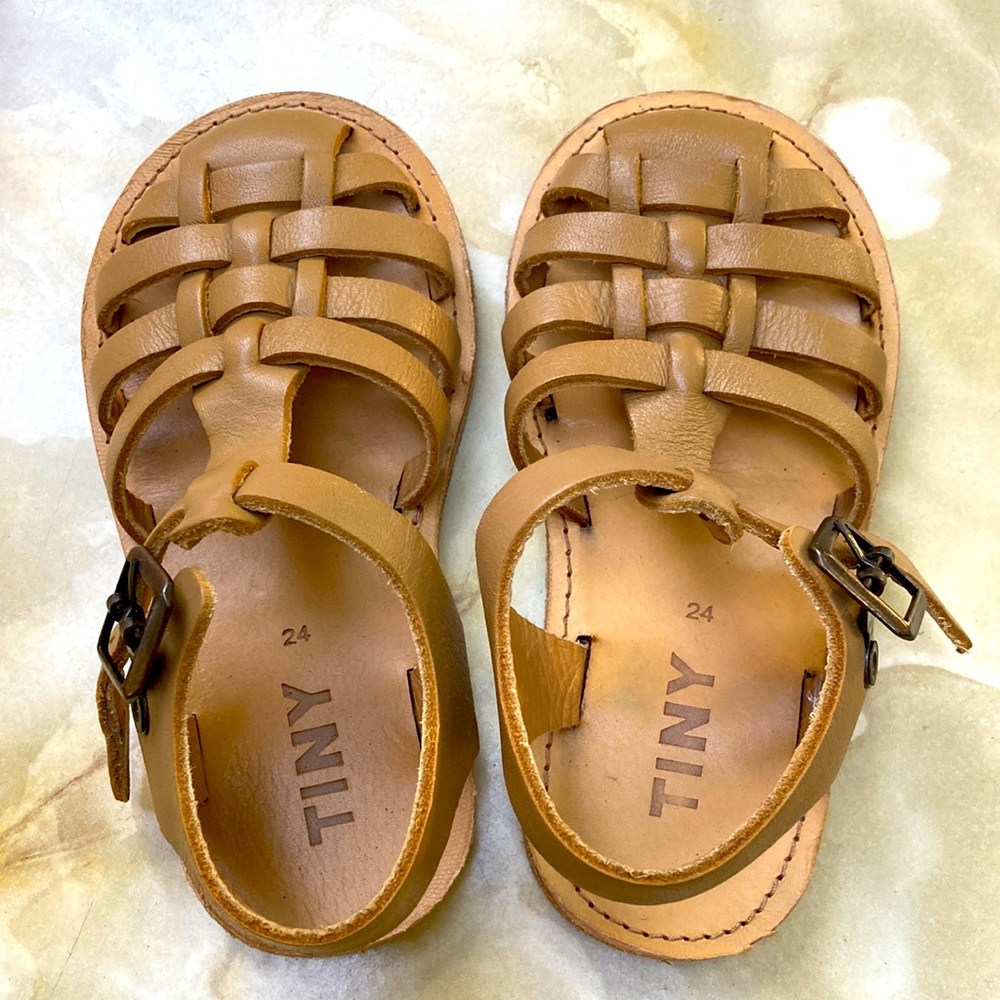 Tiny Kids Brown Leather Woven Sandals